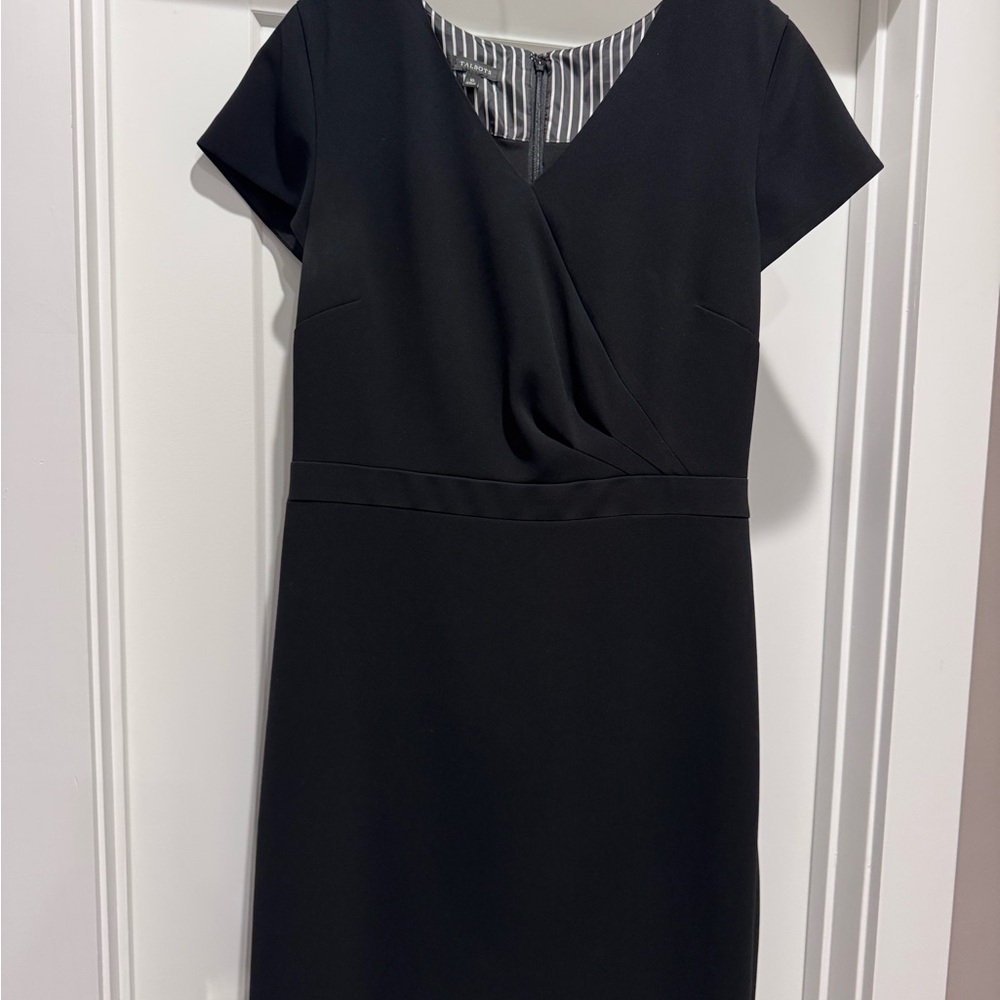 Talbots Black Short-Sleeve Faux-Wrap Midi Sheath Dress Size 10